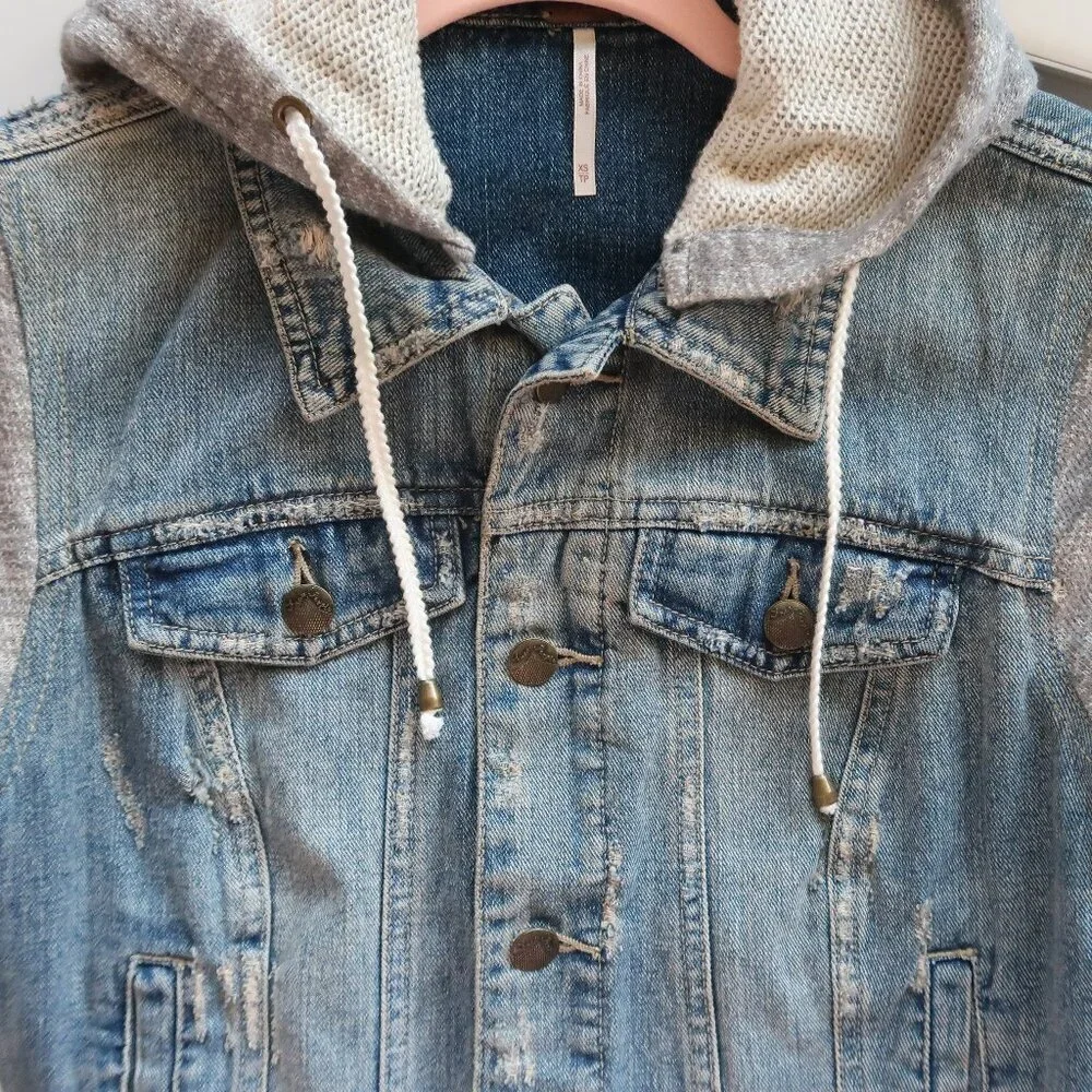 Free People Blue Denim Jean Heather Gray Knit Long Sleeve Hooded Jacket Size XS - Picture 10 of 12